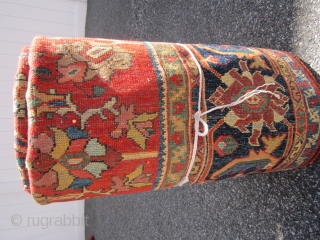 beautiful antique mahal rug measuring 8' 5" x 12' 5" very nice colors solid rug some minor damage as shown easy repair some low pile area and minor moth bite at the  ...