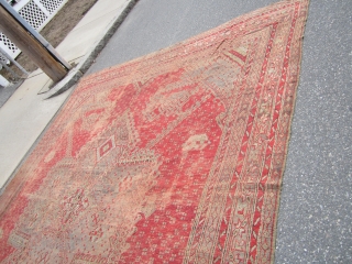 solid beautiful antique turkish ushauk rug 11' 7" x 14' damaged corner worn with few holes no dry rot no pets  beautiful colors easy restoration for huge profit can send more  ...