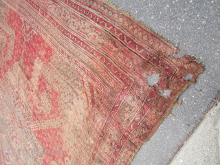solid beautiful antique turkish ushauk rug 11' 7" x 14' damaged corner worn with few holes no dry rot no pets  beautiful colors easy restoration for huge profit can send more  ...