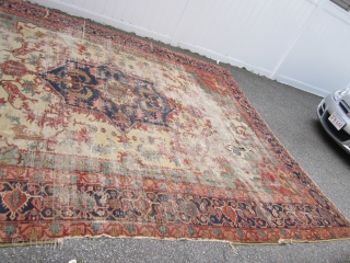 antique oversize serapi heriz rug worn condition beautiful colors has been cleaned no dry rot 2 big holes and 3 tear in one side easy restoration for huge profit measures 11' 7"  ...