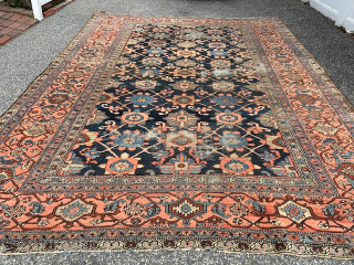 blue field rare heriz 9' 2" x 12' 3" area of worn and one hole as shown floppy no dry rot no animal no stain great rug      