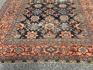 blue field rare heriz 9' 2" x 12' 3" area of worn and one hole as shown floppy no dry rot no animal no stain great rug      