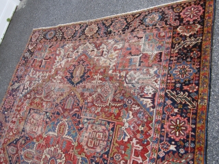 nicely worn persian heriz serapi rug measuring 8' 10" x 11' 4" great colors wear as shown one end needs work very supple no dry rot no animal well made very reasonable.  ...