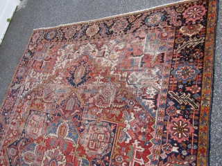 nicely worn persian heriz serapi rug measuring 8' 10" x 11' 4" great colors wear as shown one end needs work very supple no dry rot no animal well made very reasonable.  ...