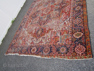 nicely worn persian heriz serapi rug measuring 8' 10" x 11' 4" great colors wear as shown one end needs work very supple no dry rot no animal well made very reasonable.  ...