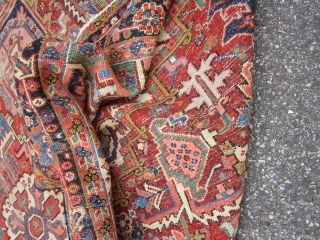 nicely worn persian heriz serapi rug measuring 8' 10" x 11' 4" great colors wear as shown one end needs work very supple no dry rot no animal well made very reasonable.  ...