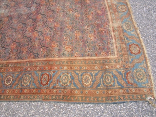 antique oriental rug looks to me like turkish but not sure maybe mahal gallery size 7' 6" x 14' 8" solid rug no holes some low pile visible foundation and some old  ...