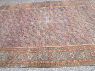 antique oriental rug looks to me like turkish but not sure maybe mahal gallery size 7' 6" x 14' 8" solid rug no holes some low pile visible foundation and some old  ...