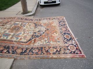 antique heriz serapi rug 8' 8" x 12' 6" in poor condition restorable as shown nice design and rare colors no dry rot no pets 1375.00 plus shipping SOLDDDDDDDDDDDDDDDDDDDDDDDDDD    