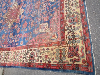 beautiful antique mahal rug measuring 10' 4" x 13' 7" great yellow wide border indigo field solid rug very floppy no dry rot worn with moth damage on one side as shown  ...