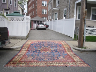 beautiful antique mahal rug measuring 10' 4" x 13' 7" great yellow wide border indigo field solid rug very floppy no dry rot worn with moth damage on one side as shown  ...