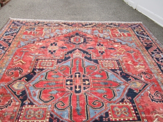 antique heriz serapi karaja rug measuring 10' 5" x 13' 7" nice colors very clean area of repiling and wear both ends and sides are good solid rug good size  everything  ...