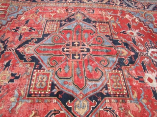 antique heriz serapi karaja rug measuring 10' 5" x 13' 7" nice colors very clean area of repiling and wear both ends and sides are good solid rug good size  everything  ...