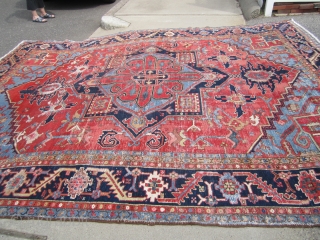 antique heriz serapi karaja rug measuring 10' 5" x 13' 7" nice colors very clean area of repiling and wear both ends and sides are good solid rug good size  everything  ...