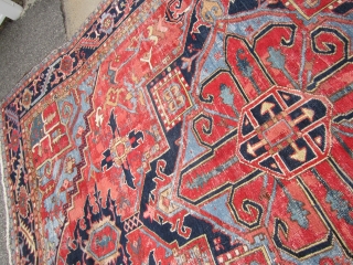 antique heriz serapi karaja rug measuring 10' 5" x 13' 7" nice colors very clean area of repiling and wear both ends and sides are good solid rug good size  everything  ...