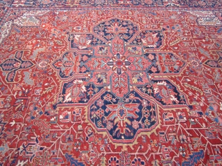 nice old heriz karaja rug measures 9' 4" x 11' 7" very good condition couple of minor low spot and few loose selvage no animal or smoke ends are fine nice colors  ...