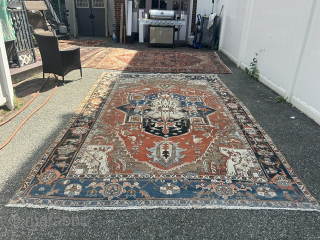 mid 19th century primitive antique village serapi 8' x 12' 5" all original untouched amazing camel corner clean rug              