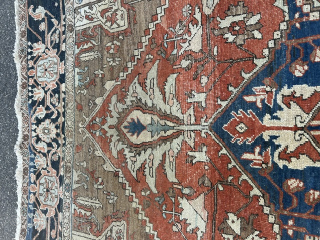 mid 19th century primitive antique village serapi 8' x 12' 5" all original untouched amazing camel corner clean rug              