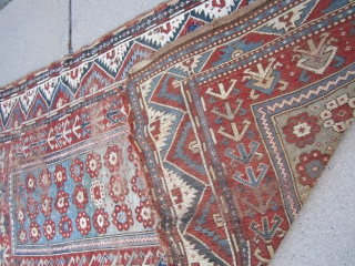 solid antique caucasian rug in worn condition great design and colors clean rug no dry rot. 4' 2"  x 7' 4" SOLD THANKS         
