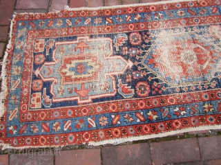 nice antique karaja rug in worn condition as shown measures 2' 4" x 9' 5"nice colors specially in the backside in the last couple of pictures no dry rot and no holes  ...