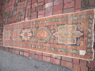 nice antique karaja rug in worn condition as shown measures 2' 4" x 9' 5"nice colors specially in the backside in the last couple of pictures no dry rot and no holes  ...