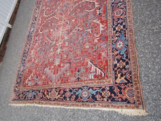 nice antique heriz rug measuring 7' 6" x 11' 2" nice colors solid rug some scattered wear great touch up candidate no dry rot no stain 750 plus shipping. SOLD THANKS  