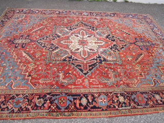 great antique heriz rug measuring 8' 8" x 11' 6" solid rug some wear nothing major ends need to be secured great colors no pets and no smoke great value everything sells  ...