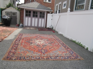 great antique heriz rug measuring 8' 8" x 11' 6" solid rug some wear nothing major ends need to be secured great colors no pets and no smoke great value everything sells  ...