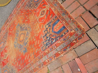 antique persian rug, probably a larger than normal Afshar , great colors 5' 1" x 6' 6" as shown worn missing one corner no dry rot no holes 385.00 plus shipping SOLD  ...