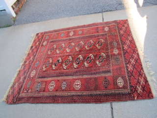 beautiful vintage (SOLD SOLD THANKS) turkoman tekke rug full pile no worn spot collector piece excellent wool quality measures 4' 3" x 4' 10" great colors and design.SOLD THANKS    