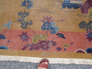 9' x 11' 7" antique chinese art deco rug beautiful colors solid rug has wear as shown no hole little moth at one end designer dream needs cleaning cheap money 395.00 plus  ...