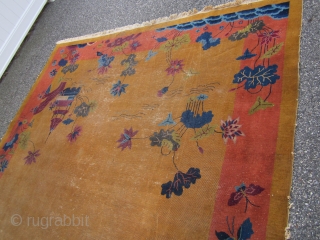 9' x 11' 7" antique chinese art deco rug beautiful colors solid rug has wear as shown no hole little moth at one end designer dream needs cleaning cheap money 395.00 plus  ...