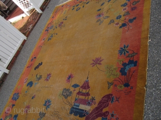 9' x 11' 7" antique chinese art deco rug beautiful colors solid rug has wear as shown no hole little moth at one end designer dream needs cleaning cheap money 395.00 plus  ...