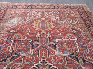 nice old heriz rug with nice colors good pile all around 2 worn spot as shown one end missing a row measures 8' 8" x 11' 9" solid rug no pets 785.00  ...