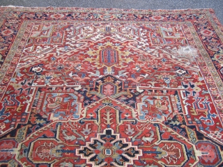 nice old heriz rug with nice colors good pile all around 2 worn spot as shown one end missing a row measures 8' 8" x 11' 9" solid rug no pets 785.00  ...