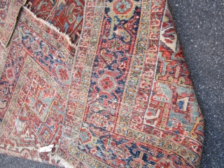 nice old heriz rug with nice colors good pile all around 2 worn spot as shown one end missing a row measures 8' 8" x 11' 9" solid rug no pets 785.00  ...