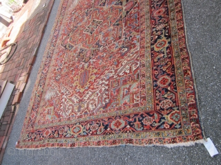 nice old heriz rug with nice colors good pile all around 2 worn spot as shown one end missing a row measures 8' 8" x 11' 9" solid rug no pets 785.00  ...