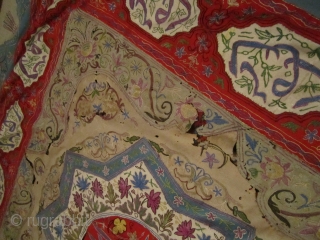 antique persian Rasht Embroidery great colors but damaged as shown has rips and holes moth bite still looks great cheap money 5' x 5'         