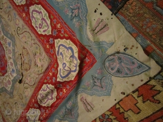 antique persian Rasht Embroidery great colors but damaged as shown has rips and holes moth bite still looks great cheap money 5' x 5'         