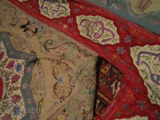 antique persian Rasht Embroidery great colors but damaged as shown has rips and holes moth bite still looks great cheap money 5' x 5'         