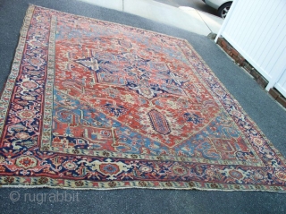 antique heriz wanted colors great condition some scattered surface wear not worn great pile beautiful solid rug clean ready to be used  measures 8' 9" x 11' 5". SOLD   