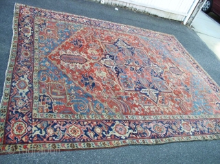 antique heriz wanted colors great condition some scattered surface wear not worn great pile beautiful solid rug clean ready to be used  measures 8' 9" x 11' 5". SOLD   