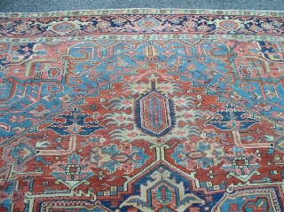 antique heriz wanted colors great condition some scattered surface wear not worn great pile beautiful solid rug clean ready to be used  measures 8' 9" x 11' 5". SOLD   