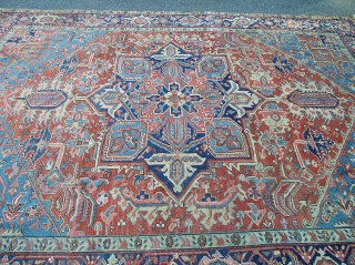 antique heriz wanted colors great condition some scattered surface wear not worn great pile beautiful solid rug clean ready to be used  measures 8' 9" x 11' 5". SOLD   