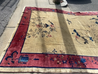 Antique Art Deco Chinese rug measuring 9’ x 11’ 4” great colors big animal peacock motif solid rug no pets and no smoke no dry rot has scatter usual wear no stain  ...