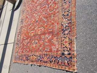 nice all over heriz rug measuring 8' 2" x 11' great colors clean rug one repair on the side as shown some loss to the ends and selvage nothing major great retail  ...