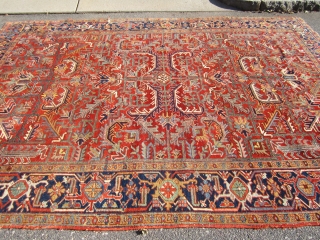 nice all over heriz rug measuring 8' 2" x 11' great colors clean rug one repair on the side as shown some loss to the ends and selvage nothing major great retail  ...