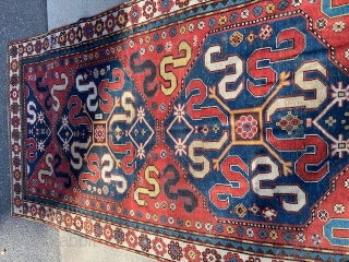 antique cloudband caucasain rug measuring 4' 4" x 8' 2" great design and colors very good condition some old repiling clean read to go. SOLDDDDDDDDDDDDDDDDDDDDDDD        