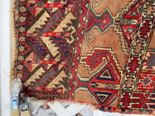 rare camel ground turkoman hatchlou rug 4' 5" x 5' 4" good pile worn upper sides clean rug one stain in lower part small size SOLDDDDDDDDDDDDDDDDDDDDDDDD       