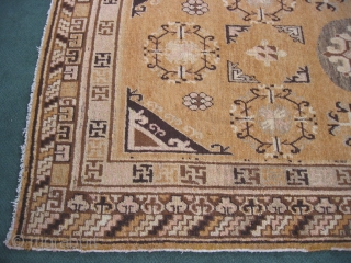 Antique Khotan rug, size 5ft x 9ft, all of my prices have been lowered recently on Rugrabbit, hand knotted wool, Chinese Turkestan, ca. early 20thC, maize yellow with chocolate, light rose, gray,  ...